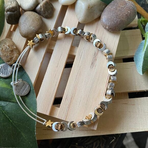 Alex & Ani Crescent Moon and Stars Two-Tone Bracelet - Picture 1 of 6